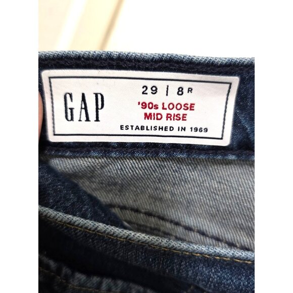 Gap 90s Loose Mid Rise Blue Denim Jeans Size 29 /8R Raw Hem Distressed - Picture 6 of 8